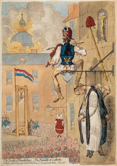 Cartoon depicting a crowd watching a beheading, also featuring the hanged bodies of priests and a judge.