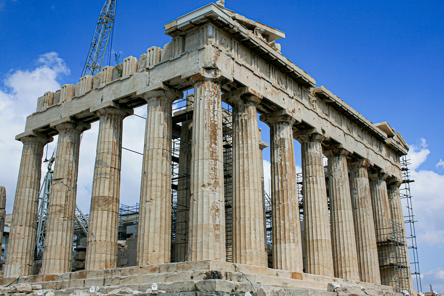 Corner of the temple, showing fluted Doric columns in detail.