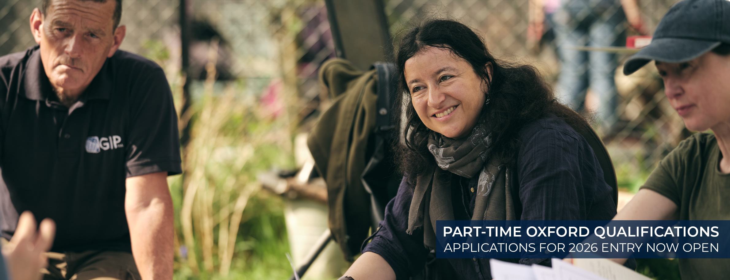 Students sat outside with the text 'applications for our part-time Oxford qualifications are now open'.